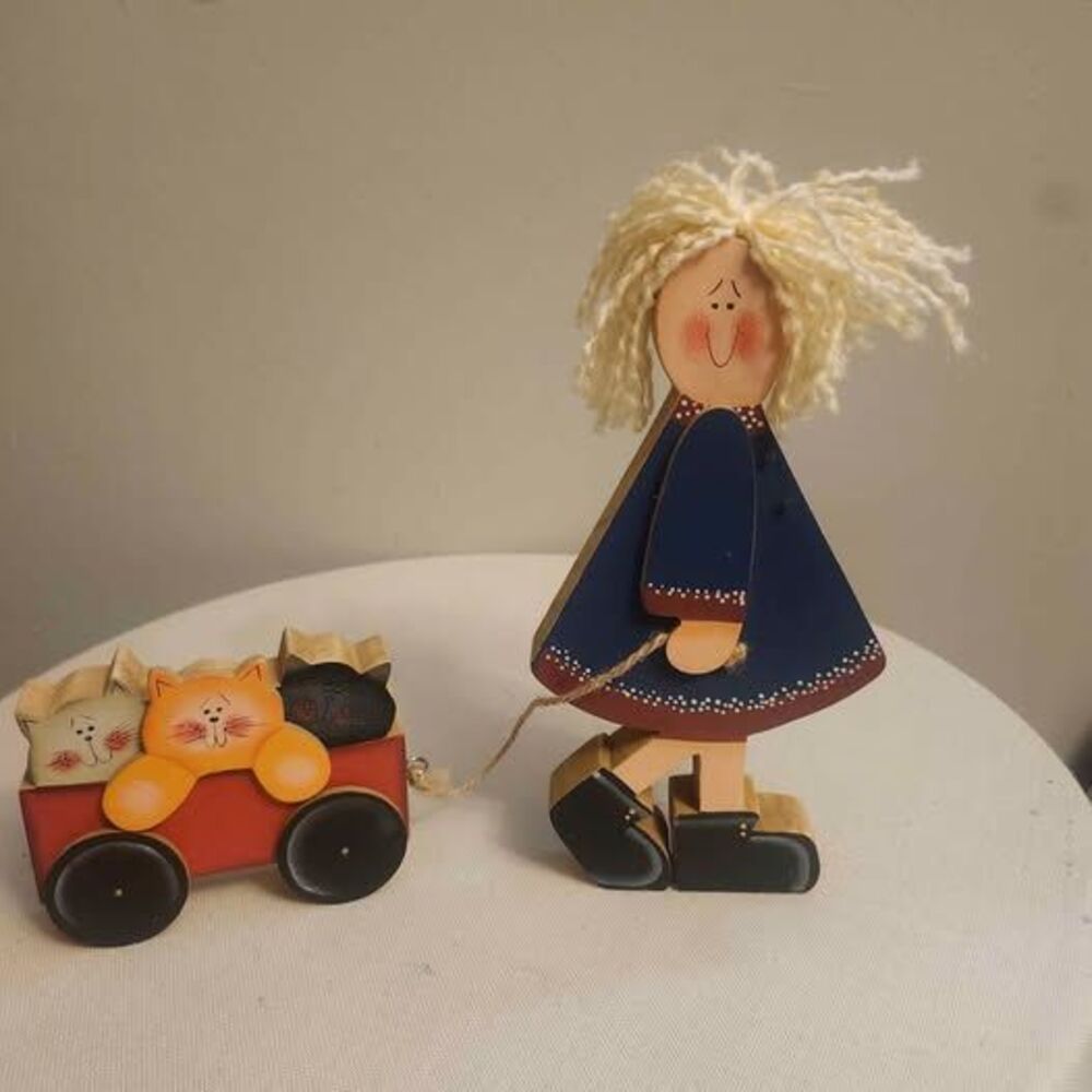 Vintage Folk Art Wooden Girl with Cat Pull Wagon Kitschy Country Home Decor
